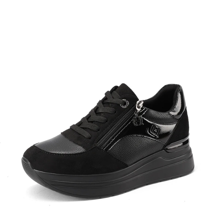 Queen Helena Scarpe da Donna con zeppa e zip laterale in camoscio e pelle Art.X33-21 Col.Nero